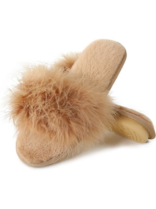 Shoes - Women's Camel Furry Fuzzy Memory Foam Fluffy House Open Toe Soft Slipper Shoes